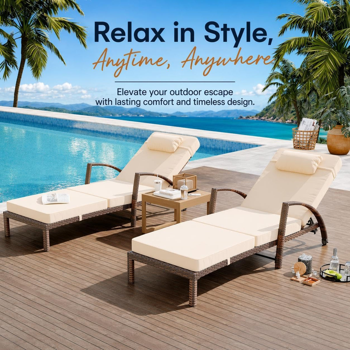 Garvee Outdoor Chaise Lounge Chairs Set of 2, PE Rattan Wicker Patio Lounge Chairs with 5-Position Adjustable Backrest, 3.5" Cushions & Wheels, 380 lbs Capacity Heavy Duty Pool Lounge Chair, Beige