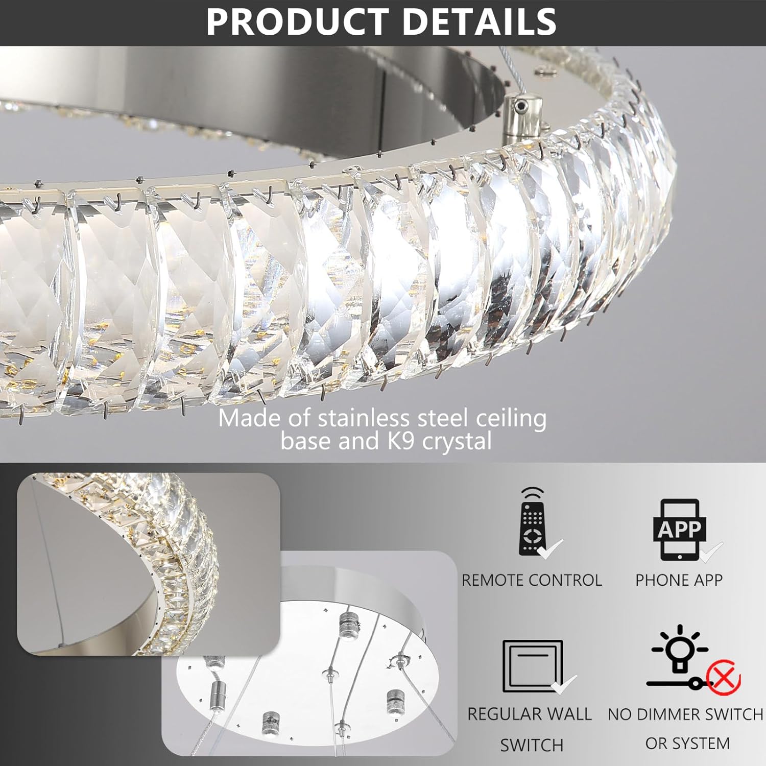 40" 1 Ring Crystal Chandelier Modern LED Dimmable Ring Pendant Light Chandelier for Dining Room Living Room Silver