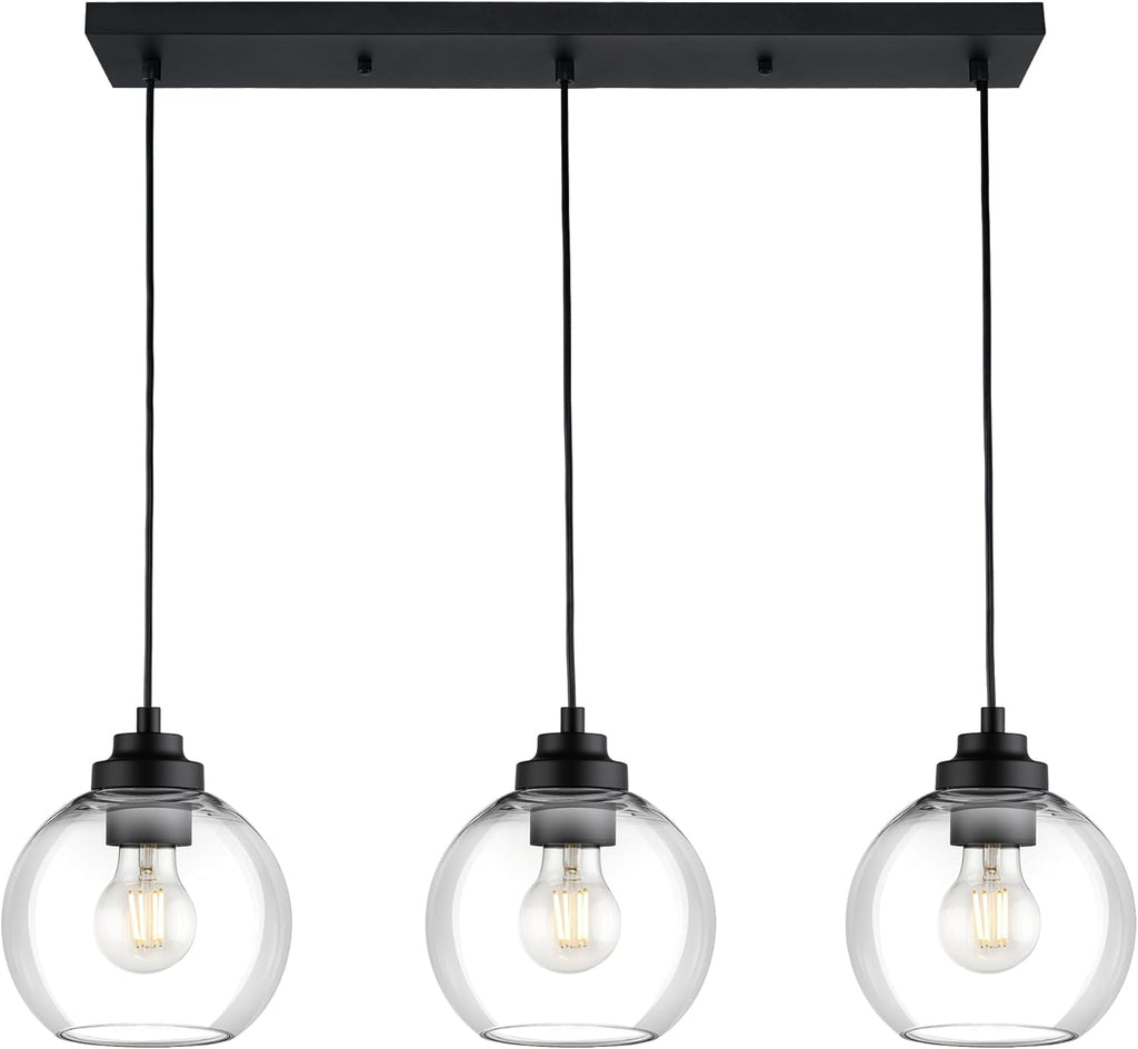 Black Island Light, 3-Light Linear Chandelier with Clear Glass, Globe Pendant Light Fixture for Dining Room Kitchen Island Living Room Pool Table, ZCPL101BK-3S