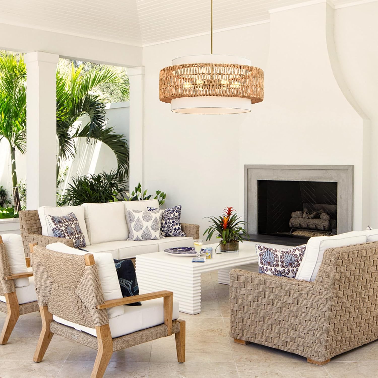 6-Light Boho Rattan Chandelier, 25.6" Large Rattan Pendant Light with Fabric Shade, Farmhouse Hand Woven Chandelier Hanging Ceiling Light for Dining Room, Living Room, Kitchen Island, Foyer, Hallway