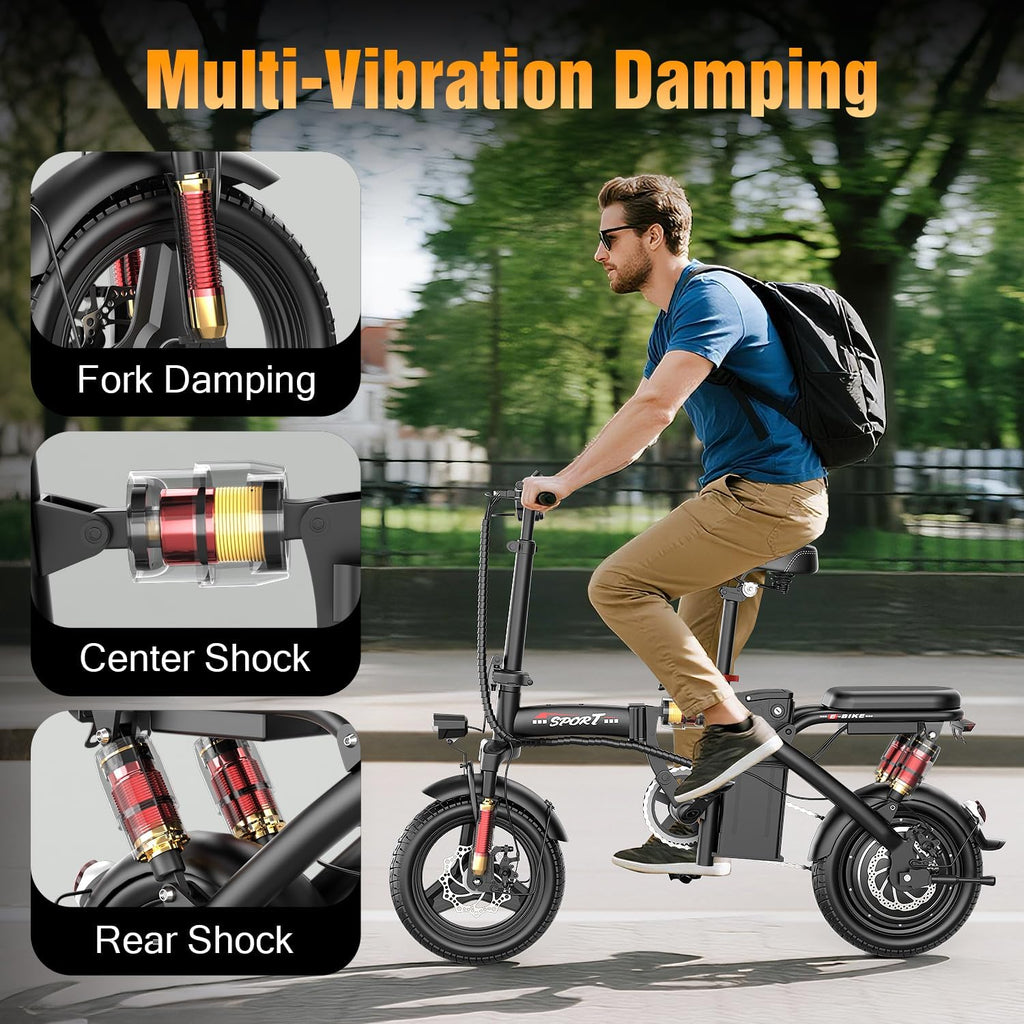 Electric Bike for Adults Teens, 800/1200W Peak Folding Ebike, 22/25MPH & 30/45 Miles Range, 14" Commuting Ebike with Dual Suspension & Dual Brake, 3-Speed Modes, Portable Electric Mini Bike