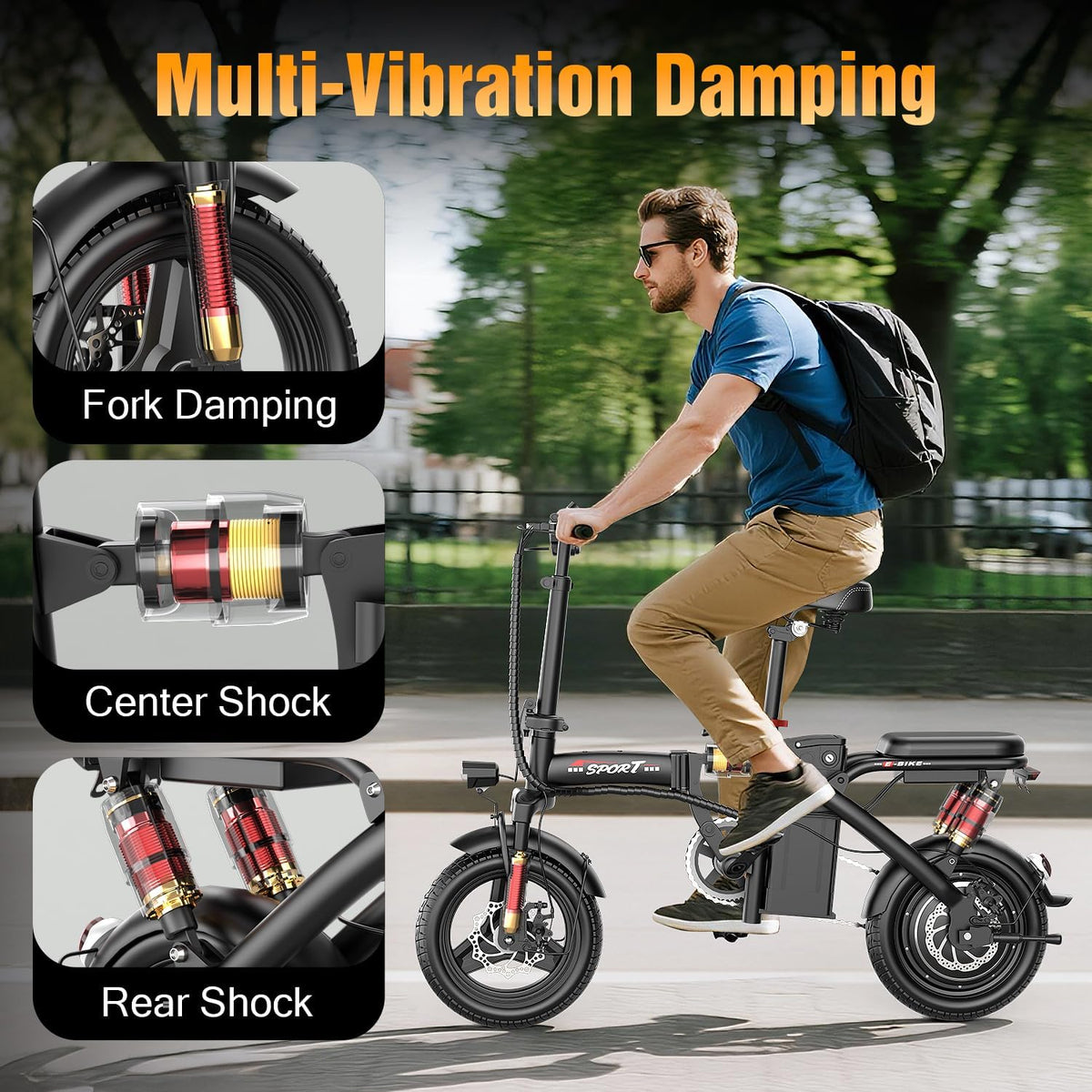 Electric Bike for Adults Teens, 800/1200W Peak Folding Ebike, 22/25MPH & 30/45 Miles Range, 14" Commuting Ebike with Dual Suspension & Dual Brake, 3-Speed Modes, Portable Electric Mini Bike