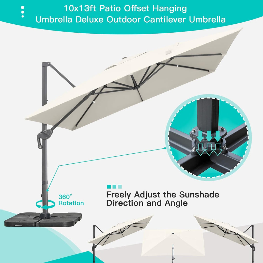 Sunnyglade 10x13Ft Cantilever Patio Umbrella Rectangular Deluxe Offset 360°Rotation & Integrated Tilting System Hanging Umbrella for Market Garden Deck Pool Backyard Patio (Beige, 10 x 13 ft)