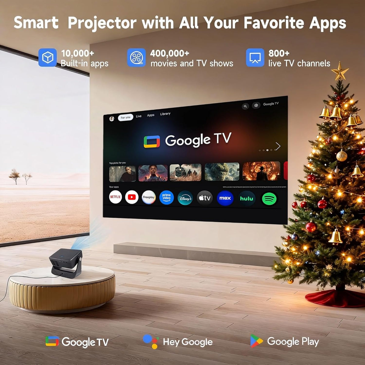 【Official Google TV/1500 ANSI/4K Supported】Smart TV Projector with WiFi and Bluetooth, Native 1080P Portable Projector, Auto Focus & Keystone, Voice Input, Mini Proyector for Home Cinema, iOS/Android