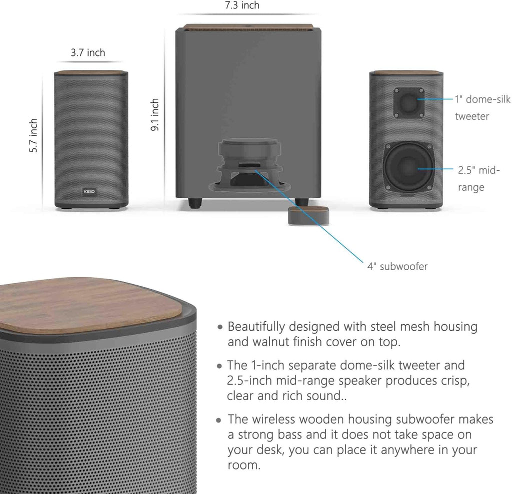 KEiiD 2.1 Bluetooth Computer Speakers with Wireless Subwoofer and Wireless Touchpad for Desktop Laptop Pc Stereo Gaming Speakers, 4 EQ Modes, Aesthetic Style with Great Sound Quality