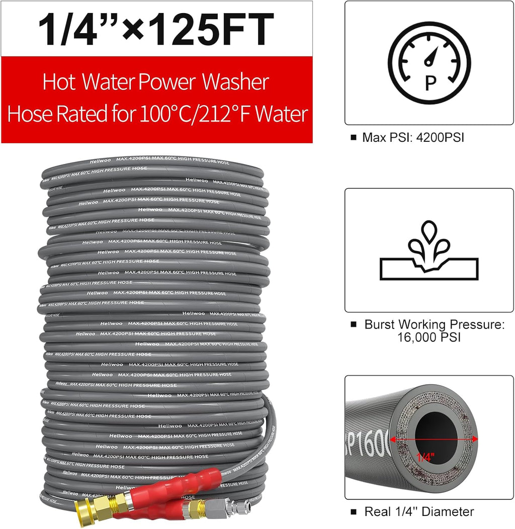 Pressure Washer Hose 125ft, 1/4 Inch Kink Resistant 4200PSI Power Washer Extension Hose, Flexible Heavy Duty Replacement Hose, Compatible with M22 14mm Fittings, High Tensile Wire Braid