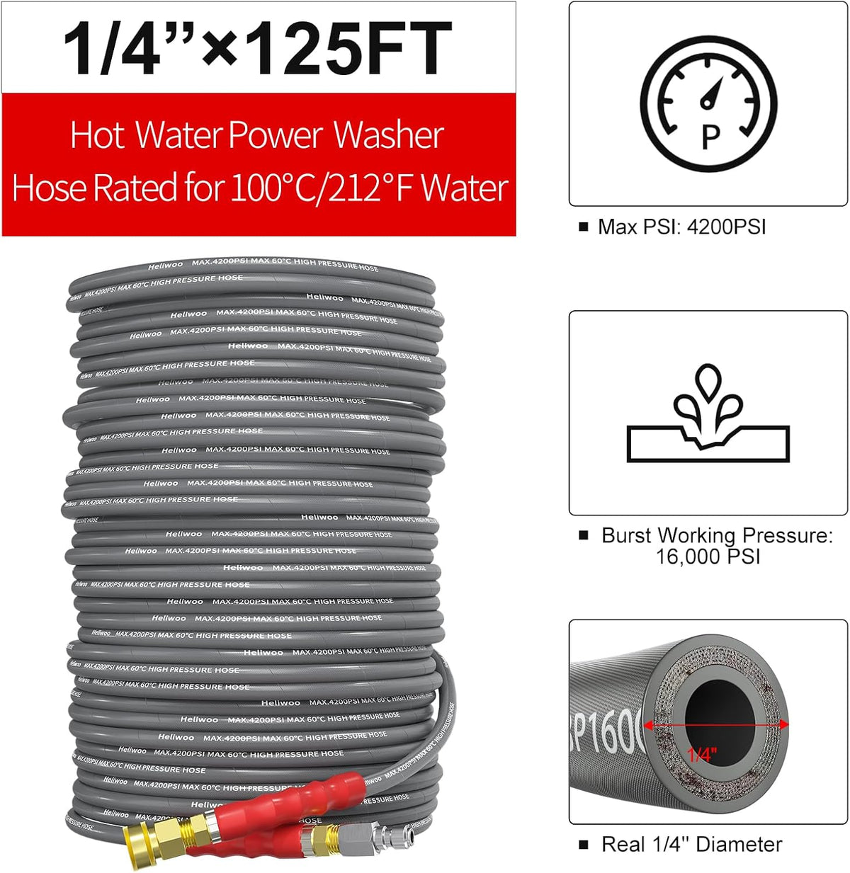 Pressure Washer Hose 125ft, 1/4 Inch Kink Resistant 4200PSI Power Washer Extension Hose, Flexible Heavy Duty Replacement Hose, Compatible with M22 14mm Fittings, High Tensile Wire Braid