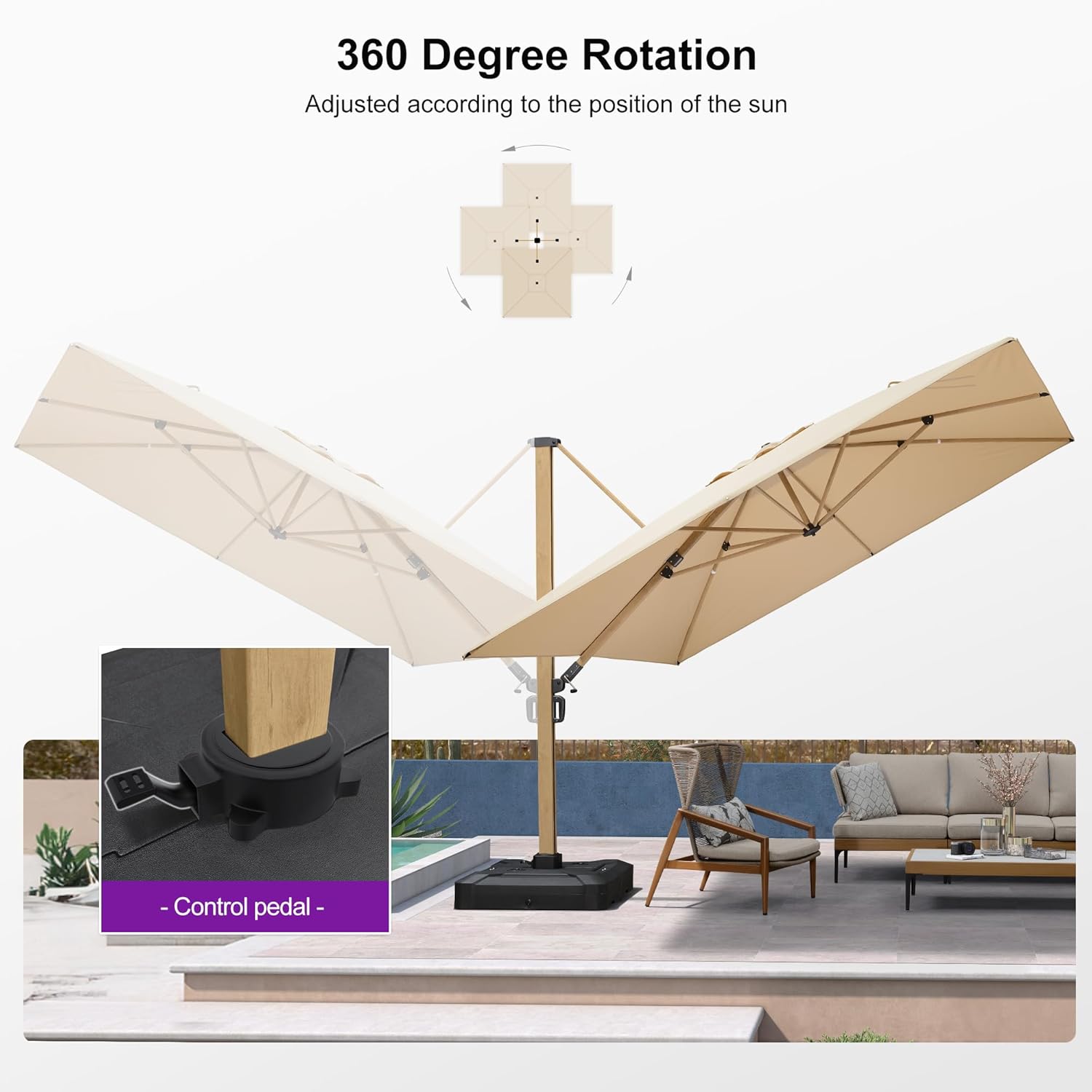 PURPLE LEAF 11FT Patio Umbrella Square Cantilever Umbrella Teak Finished Aluminum Frame Large Windproof Offset Outdoor Sun Umbrellas for Beach Pool Deck, Beige