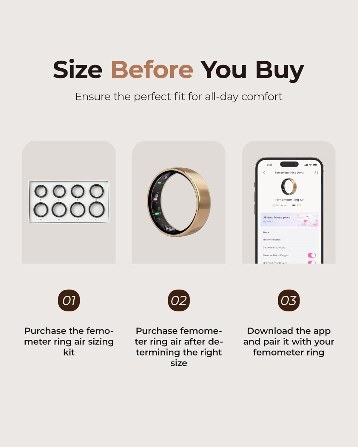 femometer Ring Air | Ultra-Thin Smart Ring | Sleep/Heart Rate/SpO2/Stress | Women's Health & Fertility Tracker with BBT Technology | Hot Flash Monitoring | Free Subscription - Size7
