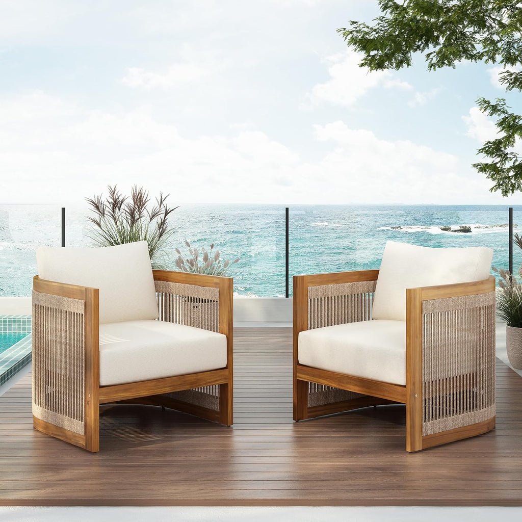 Christopher Knight Home Dora Set of 2 Patio Club Chair with Cushions, Acacia Wood Lounge Chair Outdoor, Woven Accents, Curved Design Side Chair for Balcony Backyard Garden Poolside, Beige + Teak
