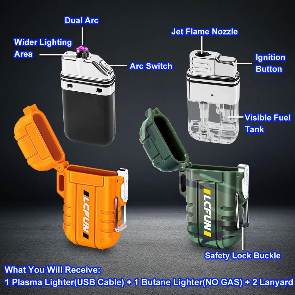LcFun 2 Pack Waterproof Outdoor Lighter Windproof Torch Lighters Butane Refillable USB Rechargeable Electric Dual Arc Plasma Lighter Hiking Camping Essentials Hunting Survival Tactical Gear Gadgets