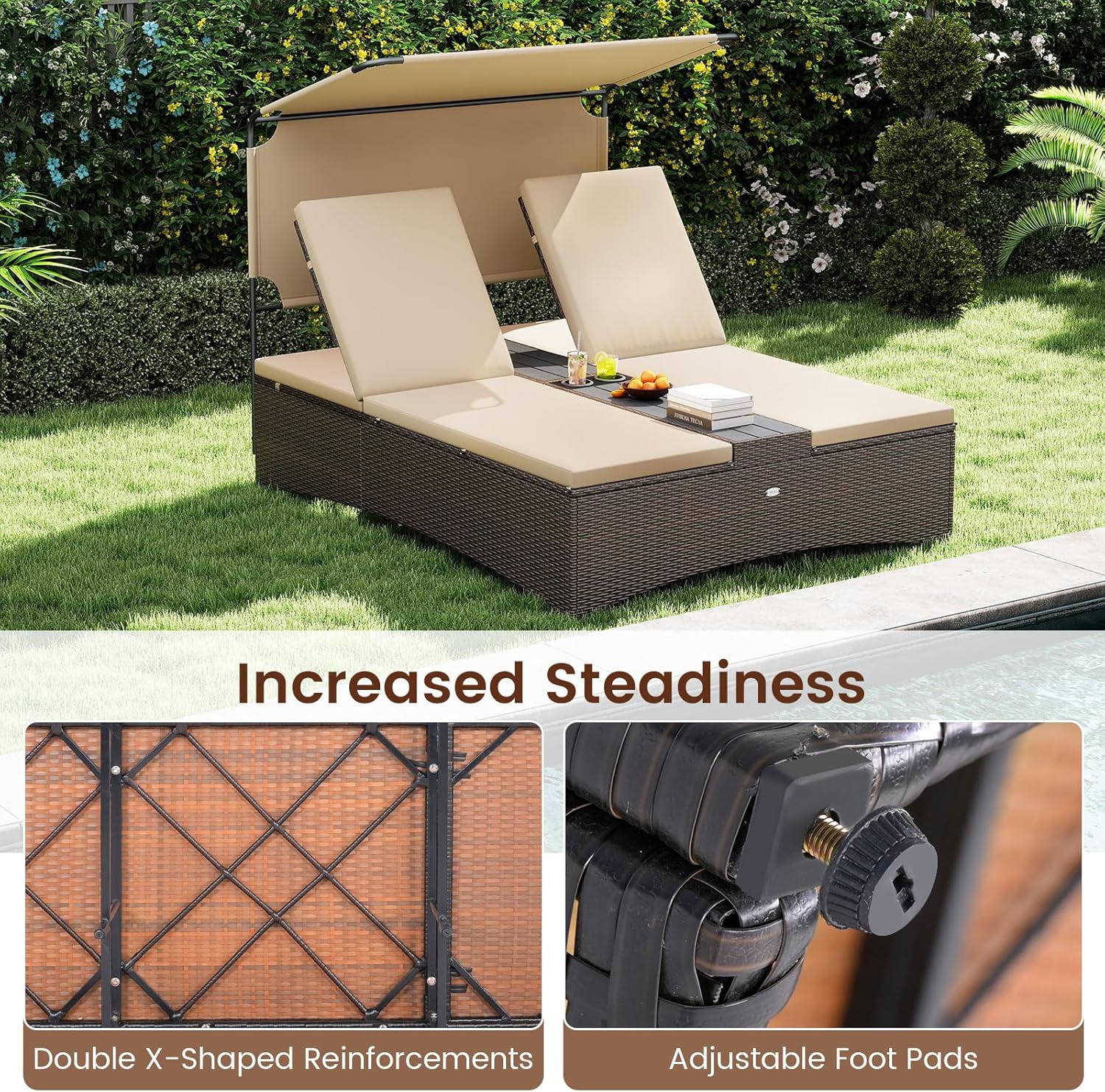 Tangkula Outdoor Rattan Daybed with Canopy & 4-Level Adjustable Backrests, 2-Person Wicker Patio Day Bed with Cushions, Table & Cup Holders, Double Sunbed Lounger for Balcony, Backyard & Poolside