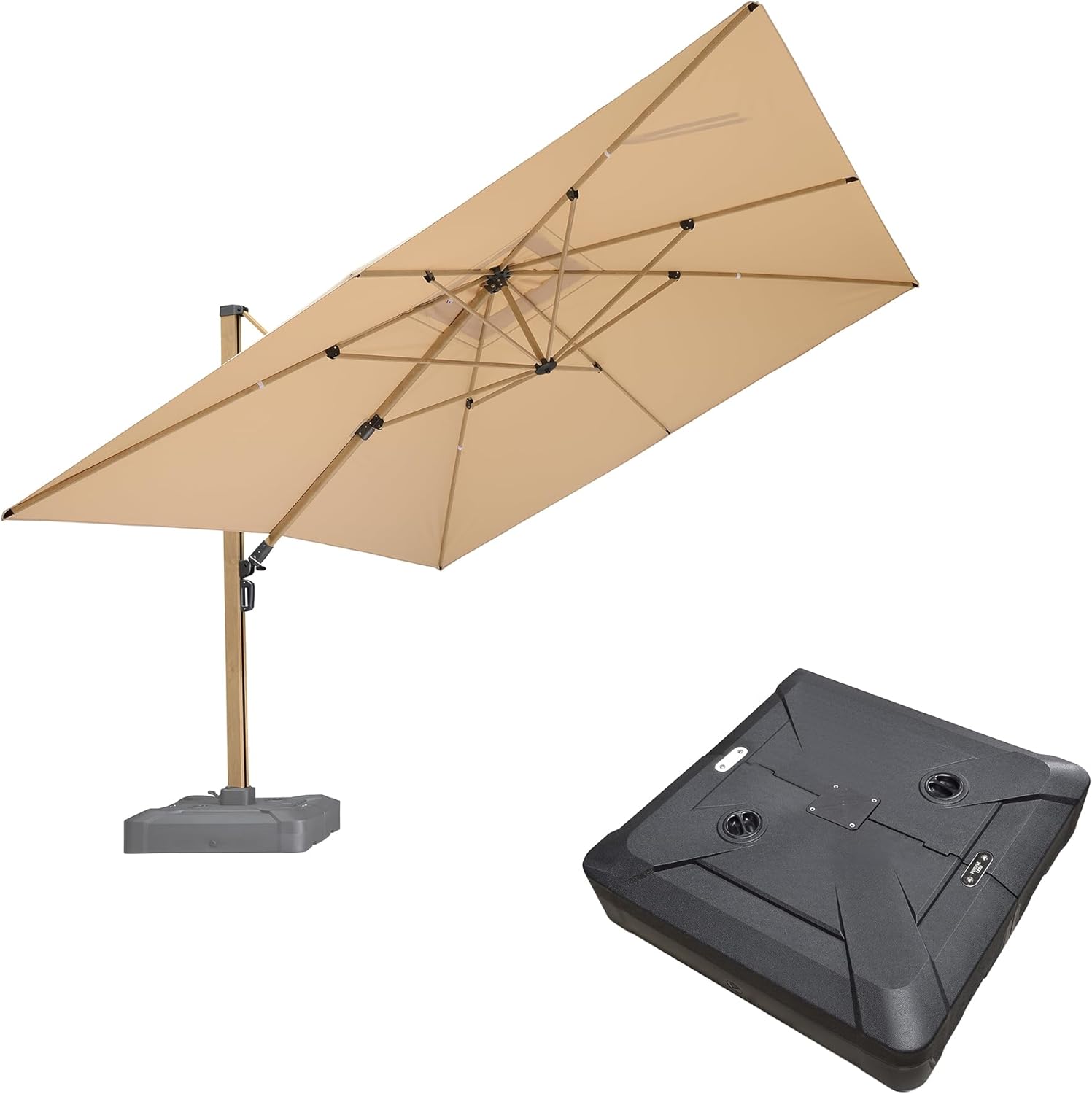 PURPLE LEAF 12FT Patio Umbrella With Base Square Cantilever Umbrella Teak Finished Aluminum Frame Large Windproof Offset Outdoor Sun Umbrellas for Beach Pool Deck, Beige