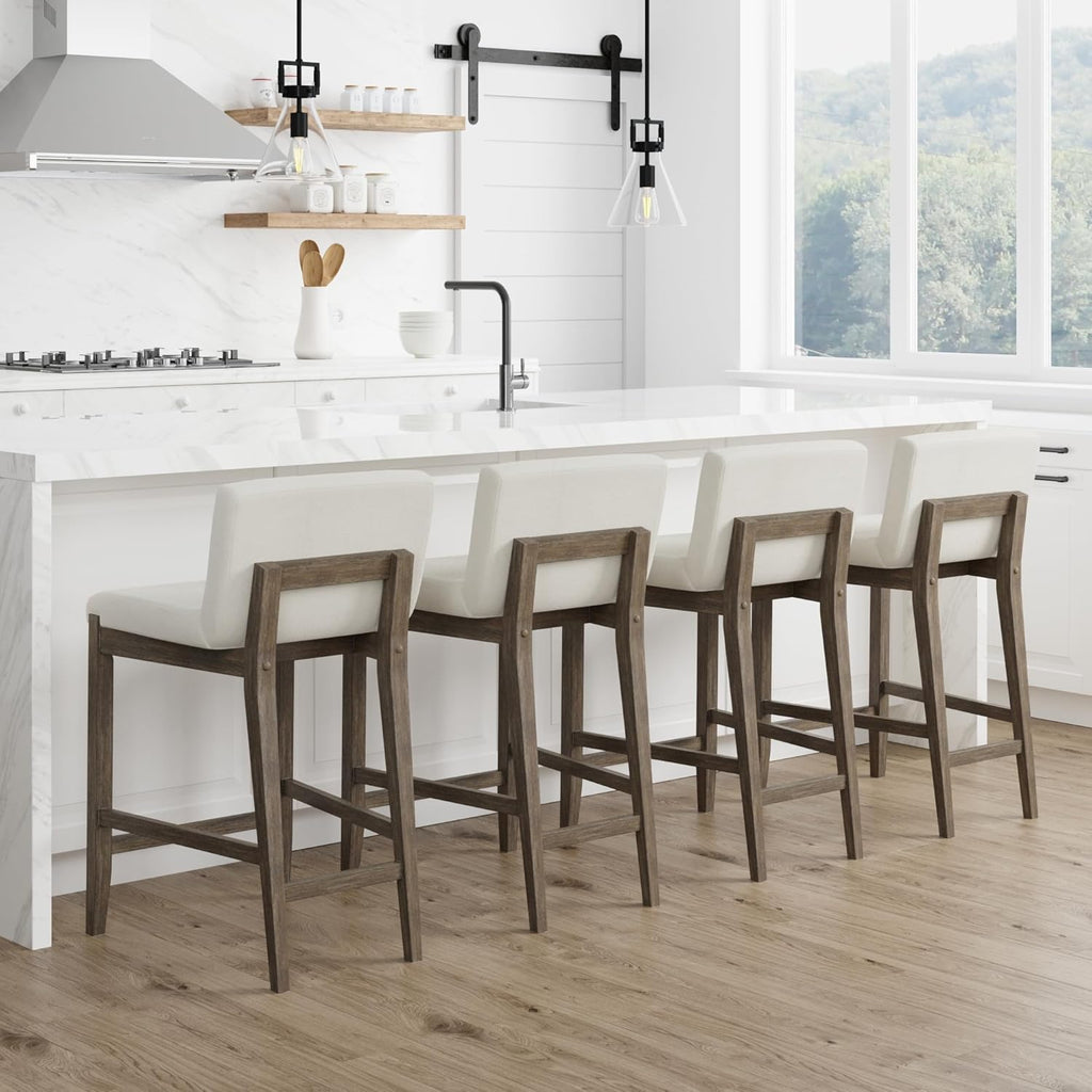 Nathan James Gracie Modern Counter Height Bar Stool with Back, Counter Stool Upholstered Chair with Natural Textured Linen and Brushed Wooden Legs, Cream Boucle/Dark Brown, Set of 4