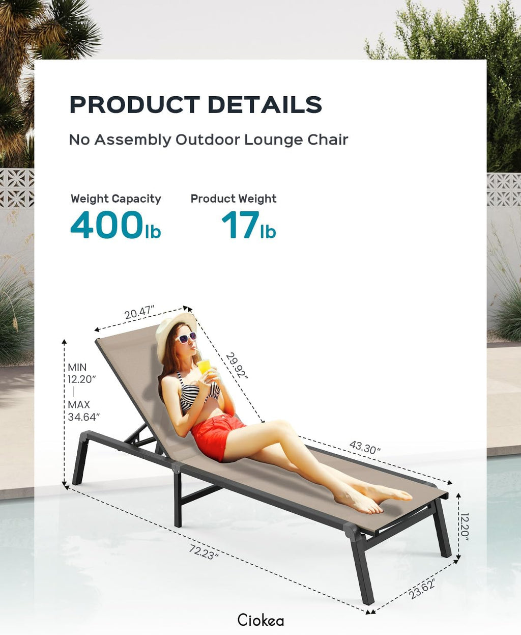 Ciokea Aluminum Foldable Lounge Chairs Set of 4 with 3 Outdoor Aluminum Side Table, Perfect Match, Suitable for Courtyard, Balcony, Lawn and Other Scenes, Khaki
