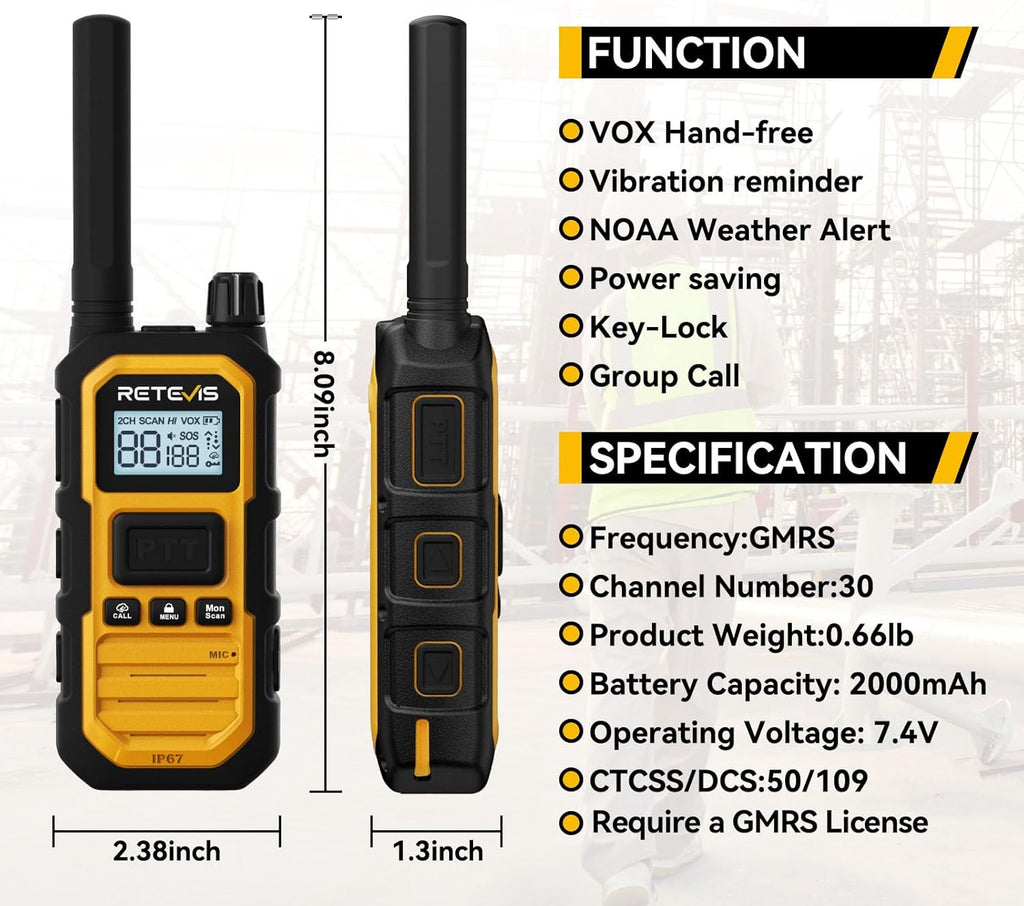 Retevis RB48 Plus Heavy Duty Walkie Talkies with Earpiece, IP67 Waterproof Two Way Radios, Long Range 2 Way Radio, Group Call, VOX, SOS, NOAA (4 Pack)