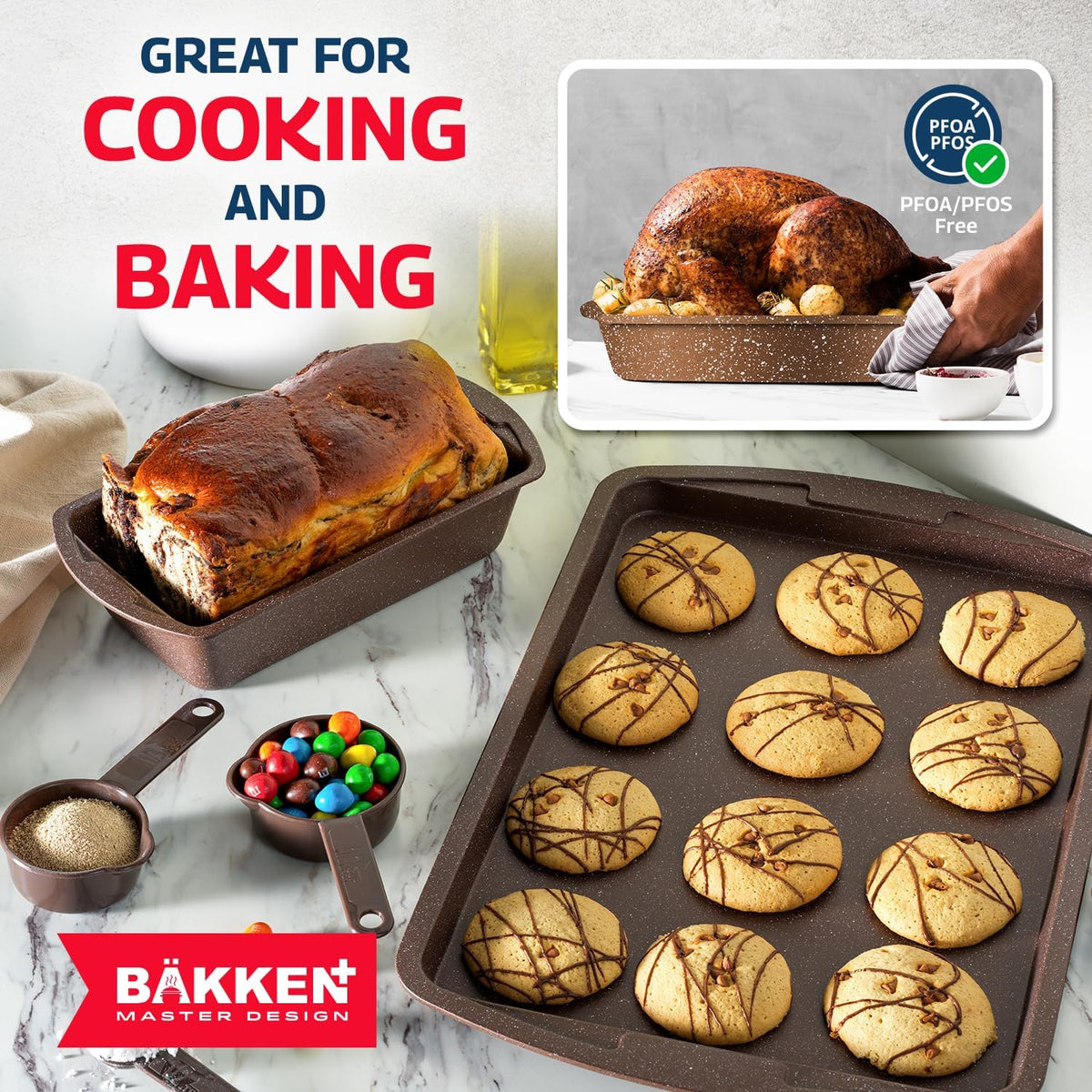 Bakken Master 38 Piece Granite Cookware and Bakeware Set – Nonstick Granite Coating, Pots and Pans with Detachable Handles and Tempered Glass Lids, 6-piece Bakeware set, 12-piece Mixing Bowls,Brown
