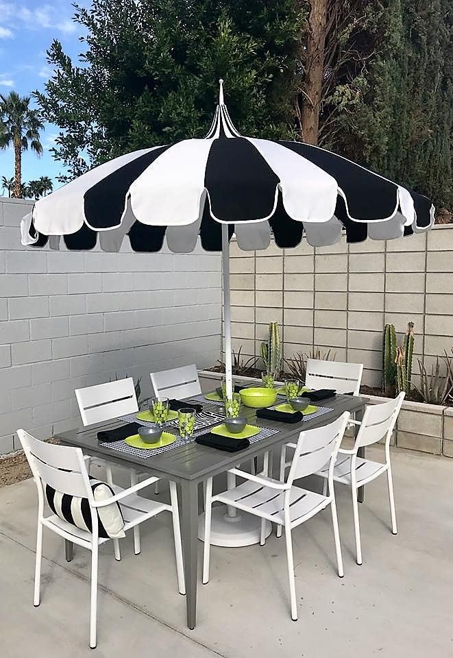 California Umbrella 8.5' Rd. Pagoda Style Patio Umbrella, White Pole, Black/Natural