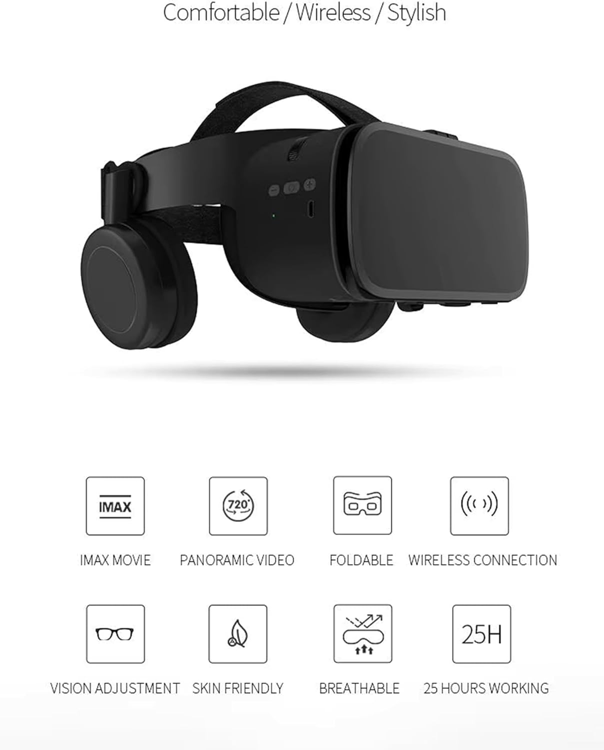 VR Headset Virtual Reality Glasses for iPhone and Android Phones, Foldable 3D VR Goggles Set Bundle with Bluetooth Headphones for Both Adults and Kids Play 3D VR Games Movies, Black