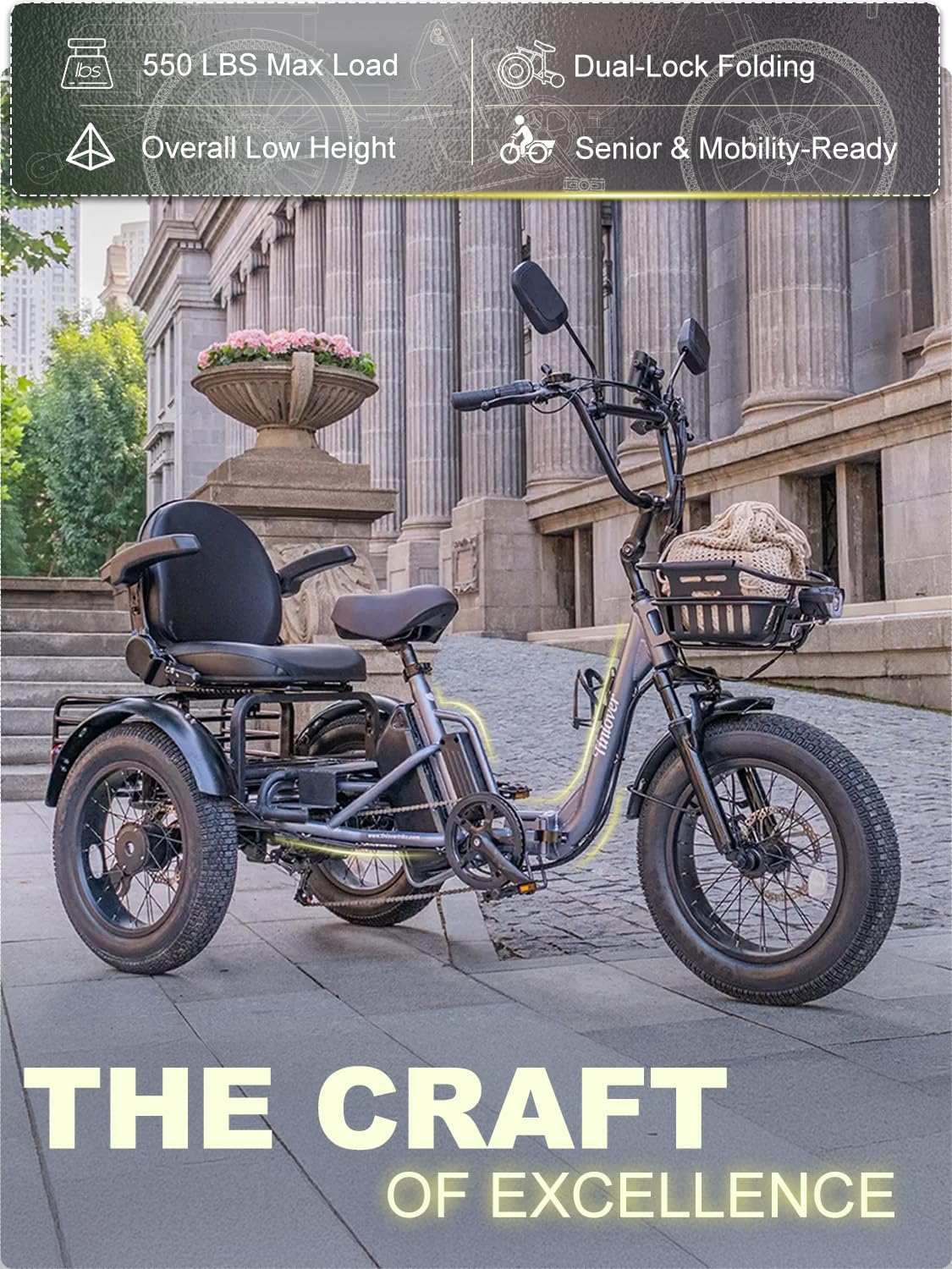 Creek Folding Electric Tricycle for Adults, Etrike with Passenger Seat & Backrest, 1000W 20MPH 80Miles Fat Tire Electric Trike, 3 Wheel Electric Bike, Reverse, Parking, Differential, Gray