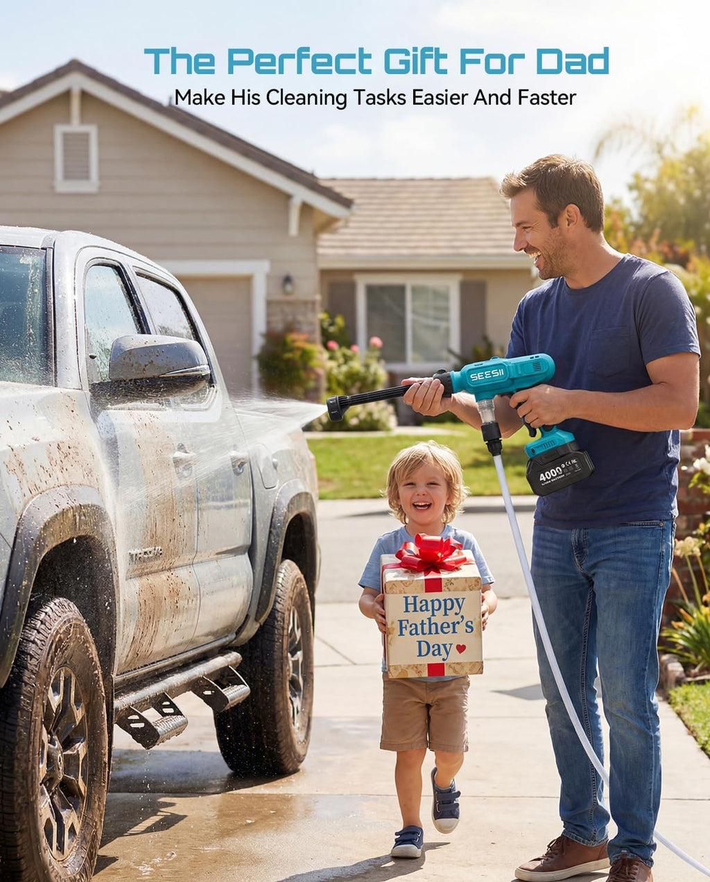 SEESII Cordless Portable Washer, Electric Power Washer with 2x4000mAh Batteries, Lightweight Washer Gun with 6-in-1 Nozzle & 27FT Hose, Handheld Power Cleaner for Car, Driveway, Garden, Patio & Fence