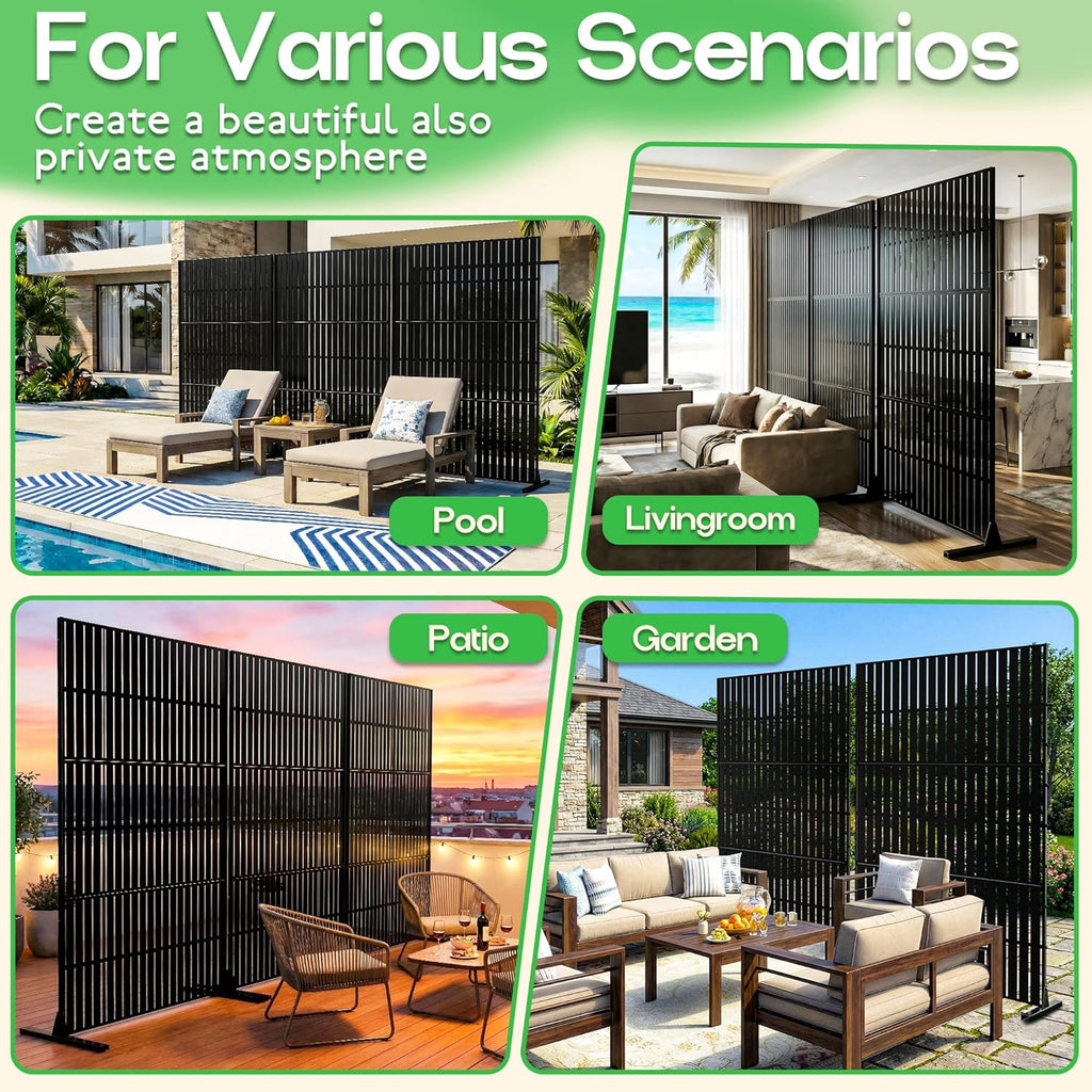 MTART Metal Privacy Screen 72" H x 47.2" Decorative Outdoor Privacy Screen Privacy Panel with Stand for Balcony Deck Patio Lawn Garden, Privacy Fence (Black-Vertical)