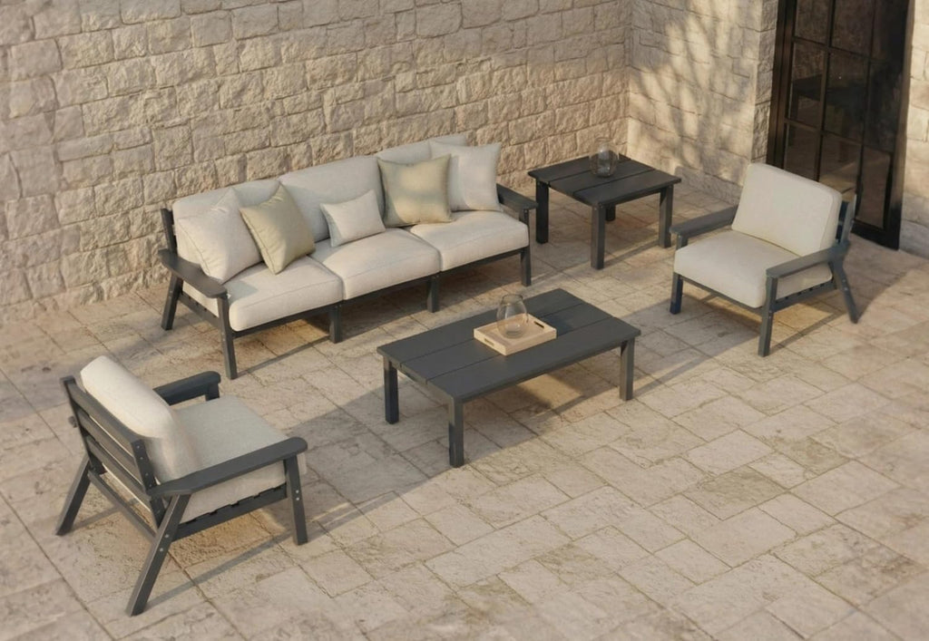 7 Piece Patio Conversation Sets, Outdoor Couch with Washable Thick Beige Cushions, HDPE Patio Furniture Set, Outdoor Sectional Furniture for Backyard, Deck, Lawn, Porch (Grey Frame)