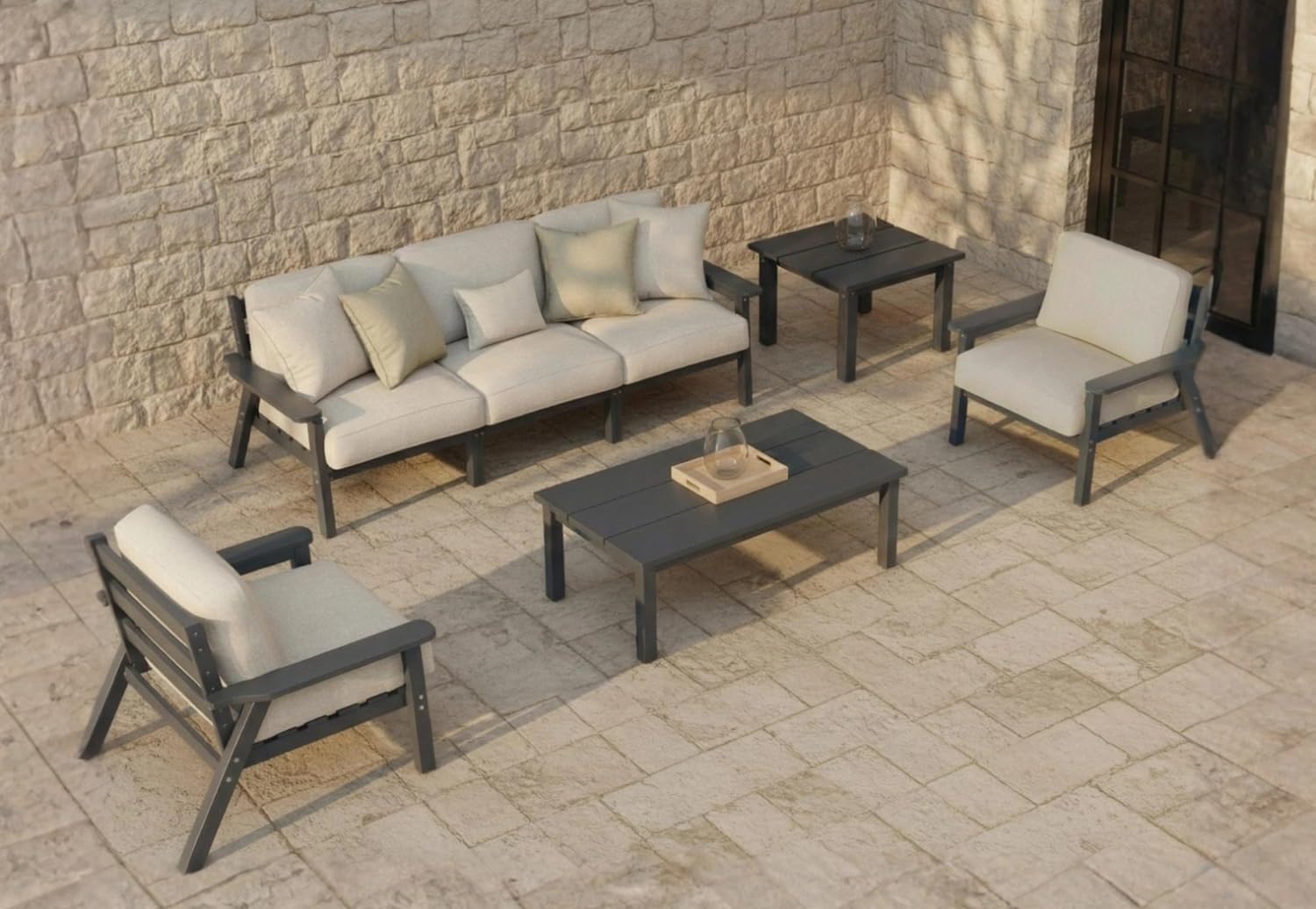 7 Piece Patio Conversation Sets, Outdoor Couch with Washable Thick Beige Cushions, HDPE Patio Furniture Set, Outdoor Sectional Furniture for Backyard, Deck, Lawn, Porch (Grey Frame)