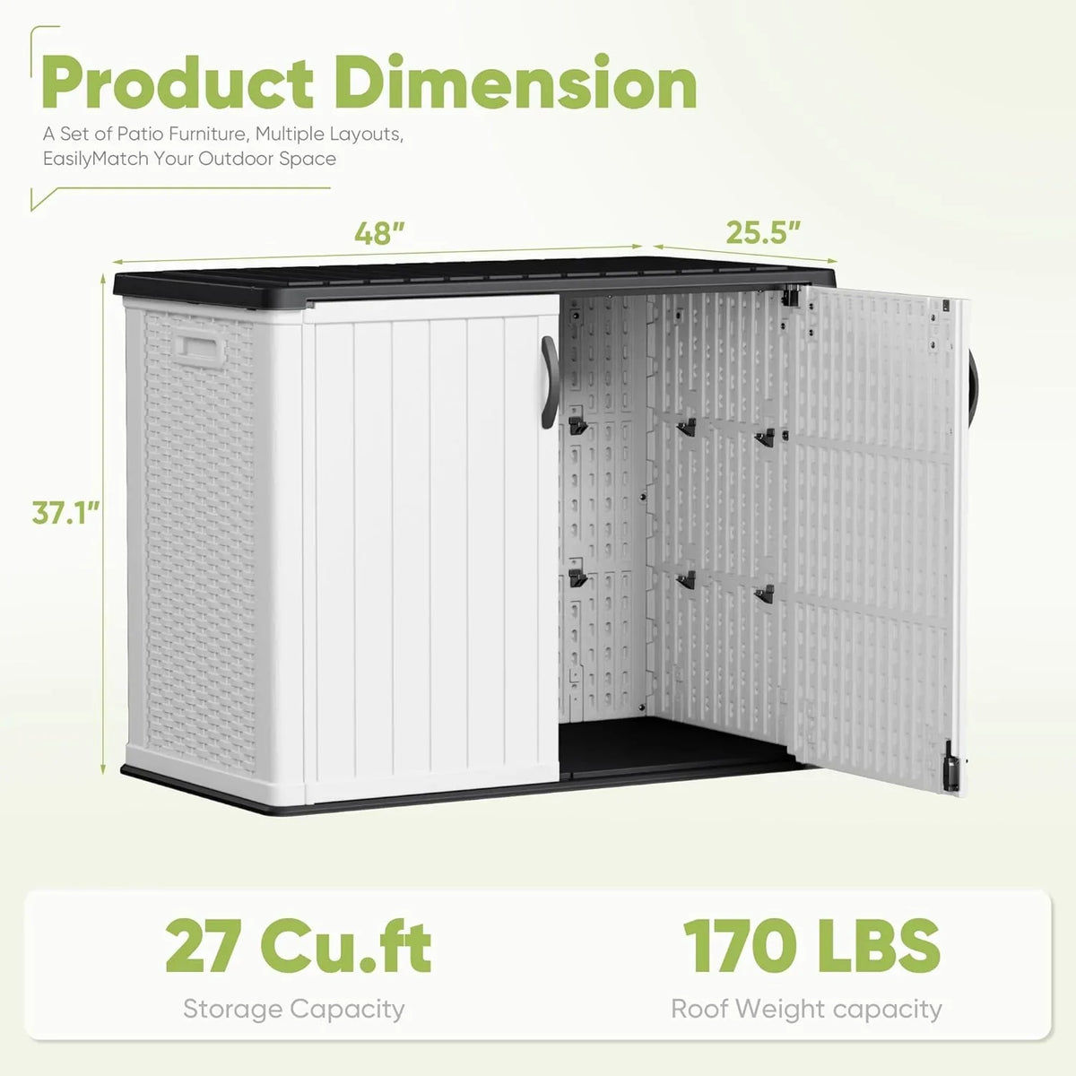 Devoko Outdoor Storage Cabinet 26 Cu Ft with Lockable Doors, Horizontal Storage Shed Waterproof Patio Tools Storage Box for Sofa Cushions, Gardening Tools and Accessories (White)