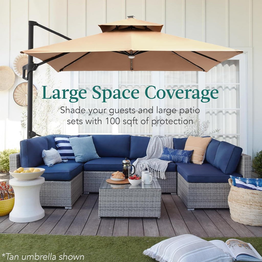 Best Choice Products 10x10ft Cantilever Patio Umbrella w/Base Included, Solar LED Lights 360 Rotation Large Offset Hanging Outdoor Shade for Deck Pool Backyard w/Stand – Cerulean