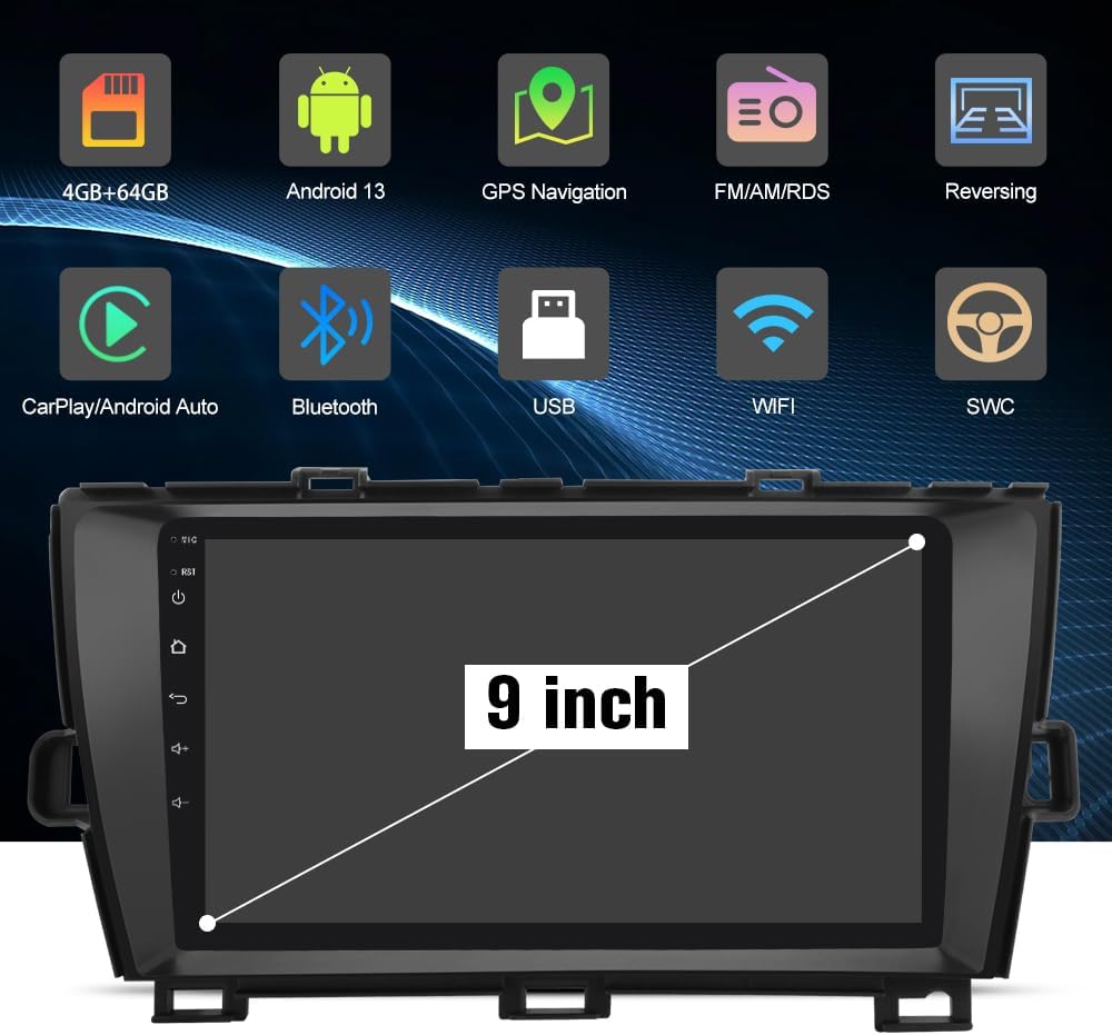 9 inch Car Radio for Toyota Prius 2010-2015, Android 13 Stereo with Wireless CarPlay Android Auto FM BT GPS SWC Backup Camera (4GB RAM+64GB ROM)