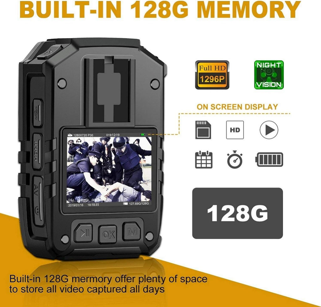 CammPro I826 1296P HD Police Body Camera,128G Memory,Waterproof Body Worn Camera,Premium Portable Body Camera with Audio Recording Wearable,Night Vision,GPS for Law Enforcement