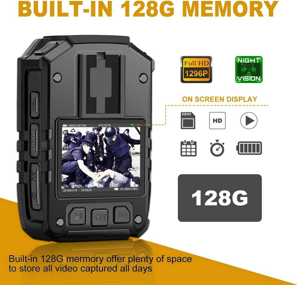 CammPro I826 1296P HD Police Body Camera,128G Memory,Waterproof Body Worn Camera,Premium Portable Body Camera with Audio Recording Wearable,Night Vision,GPS for Law Enforcement