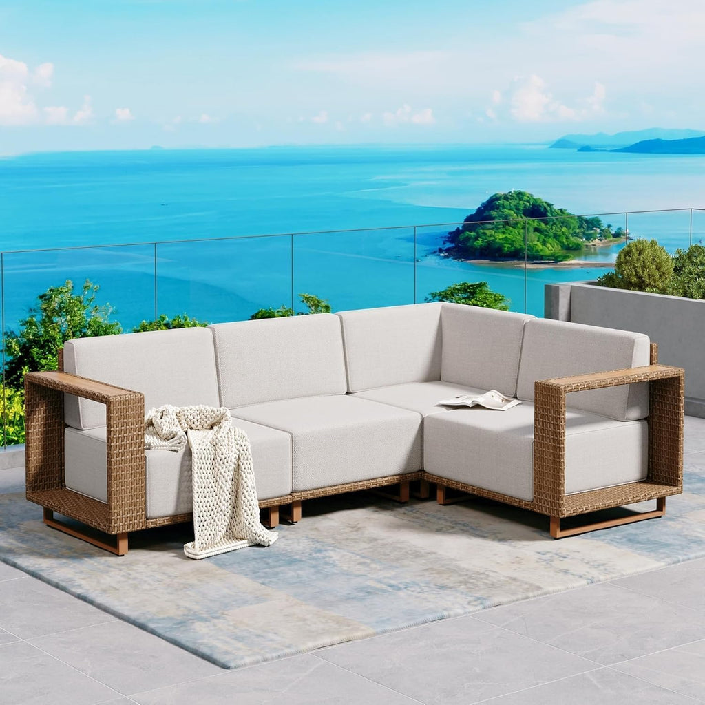 SUNSHINE VALLEY L Shaped Patio Furniture, Outdoor Sectional Sofa with 10''Ultra-Thick Cushions, Yellow Rattan Wicker Patio Conversation Set, Low Profile Lawn Garden Backyard Furniture