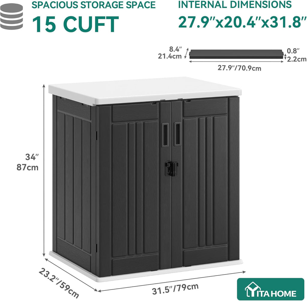 YITAHOME Outdoor Storage Cabinet with 2 Shelves, Waterproof Resin Horizontal Tool Shed, Lockable 15 cu. ft. Storage Shed for Patio, Garden, Yard, Dark Gray