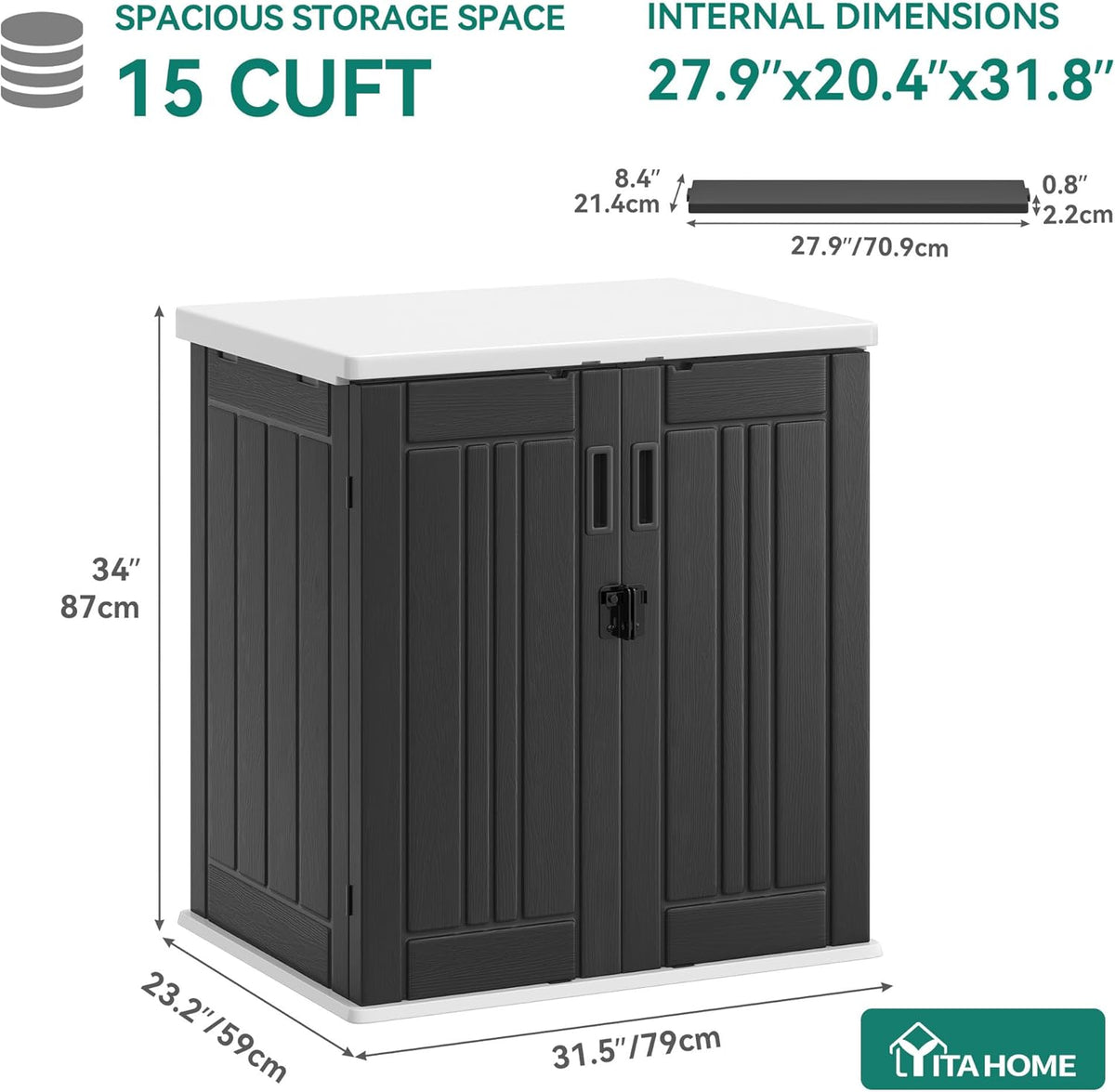 YITAHOME Outdoor Storage Cabinet with 2 Shelves, Waterproof Resin Horizontal Tool Shed, Lockable 15 cu. ft. Storage Shed for Patio, Garden, Yard, Dark Gray