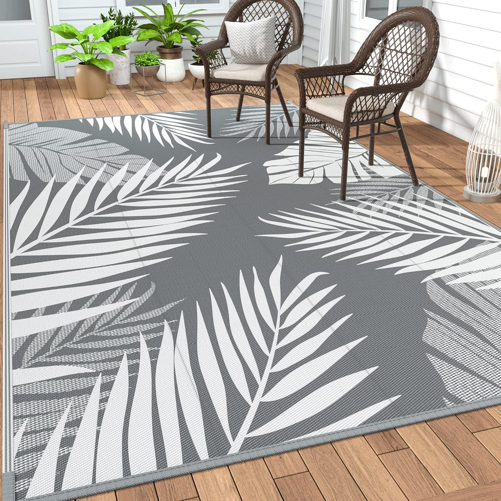 GENIMO Outdoor Rug 10' x 14' Waterproof for Patios Clearance, Reversible Outdoor Plastic Straw Camping Rug Carpet, Large Area Rugs Mats for RV, Camper, Deck, Balcony, Porch, Beach, Picnic, Grey&White