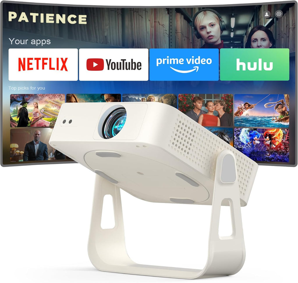 Officially-Licensed App & Auto FocusWhite Smart Mini Projector with WiFi and Bluetooth, XuanPad 4K Support Movie Projector, Portable Native 1080P Outdoor Projector with 360° Stand