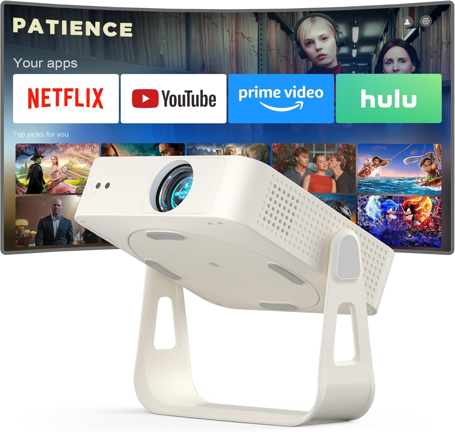 Officially-Licensed App & Auto FocusWhite Smart Mini Projector with WiFi and Bluetooth, XuanPad 4K Support Movie Projector, Portable Native 1080P Outdoor Projector with 360° Stand
