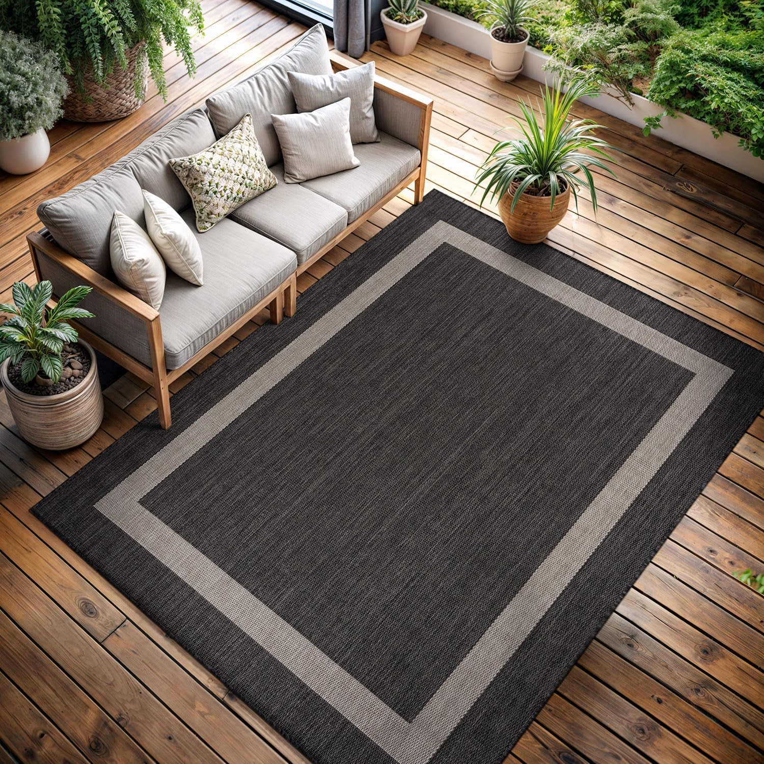 CAMILSON Outdoor Rug 9x12, Large Modern Outside Rugs for Patios Porches Waterproof Durable Washable Non-Shedding, Easy-to-Clean Indoor Outdoor Area Carpet (9 x 12, Bordered - Dark Gray/Light Gray)