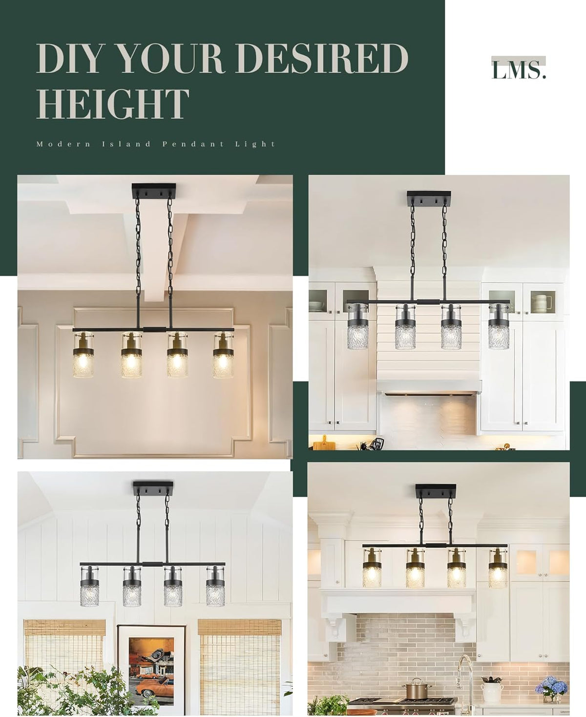 LMS 4-Light Island Lights, Farmhouse Light Fixtures with Hammered Glass Shade, Matte Black Linear Chandelier Pendant Lighting Over Table for Adjustable Height, Kitchen Island, LMS-171BK-4