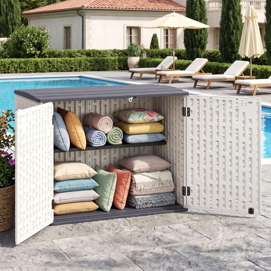 Tangkula Large Outdoor Storage Cabinet, 20 Cu.Ft Horizontal Resin Storage Shed with Adjustable Shelf & Lockable Doors, Weatherproof Patio Storage Box for Gardening Tools Cushions (White)