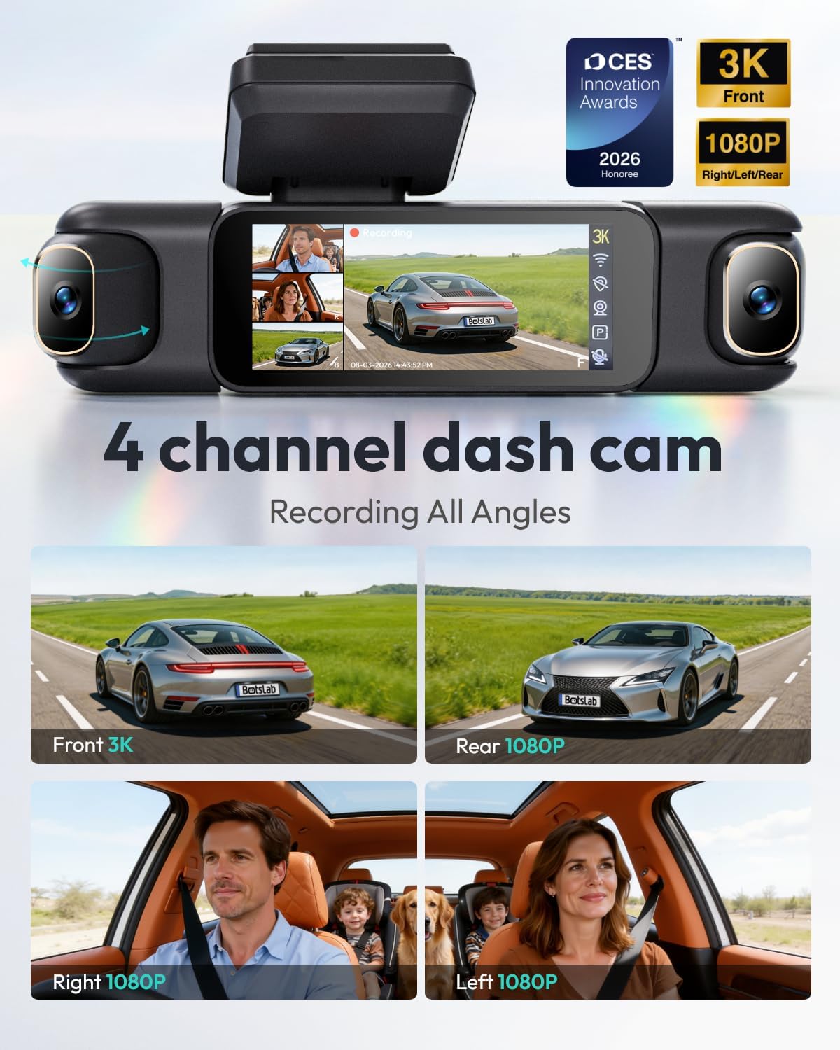 BOTSLAB 3K 4 Channel Dash Cam, 360° All-Sides View, Front and Rear Inside Car Camera with 3.18”Touch Screen, Dash Camera 24/7 Parking Mode, Built-in GPS 5.8GHz WiFi Voice Control, Free 128GB Card