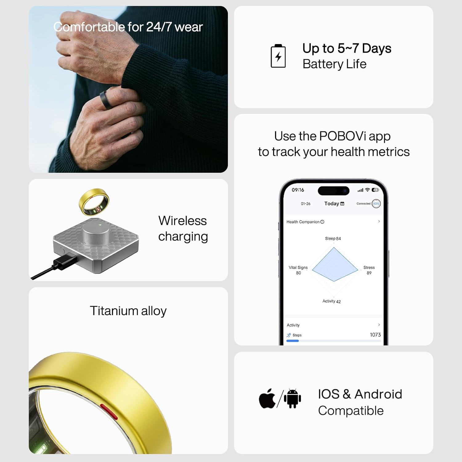 POBOVi Gen 2 Titanium Smart Ring for Women & Men, Sleep & Heart Rate Tracker, No Subscription, Size Before You Buy (Gold, 7)