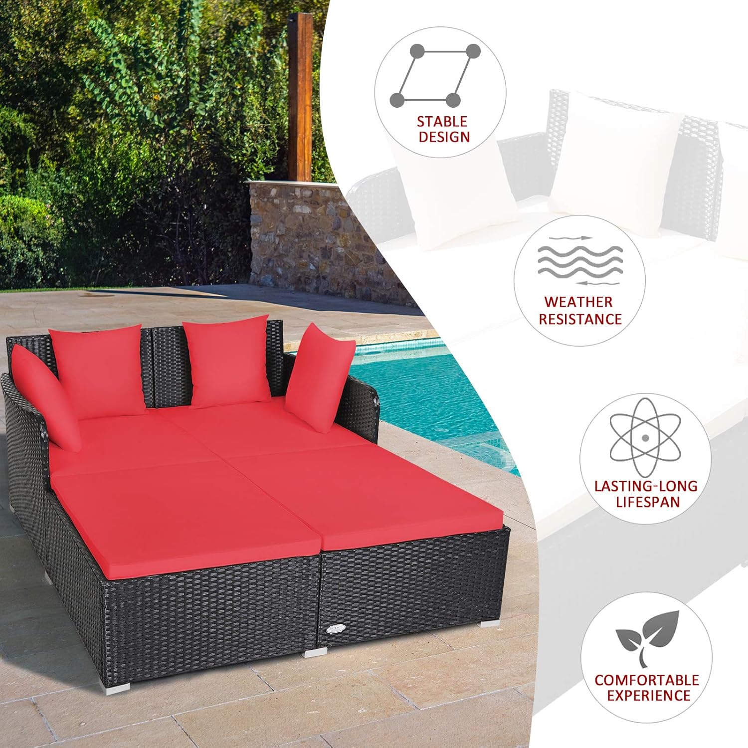 COSTWAY Outdoor Patio Rattan Daybed, Sponge Cushioned Loveseat Sofa with 4 Pillows, Wicker Furniture Sunbed for Balcony, Courtyard (Red)