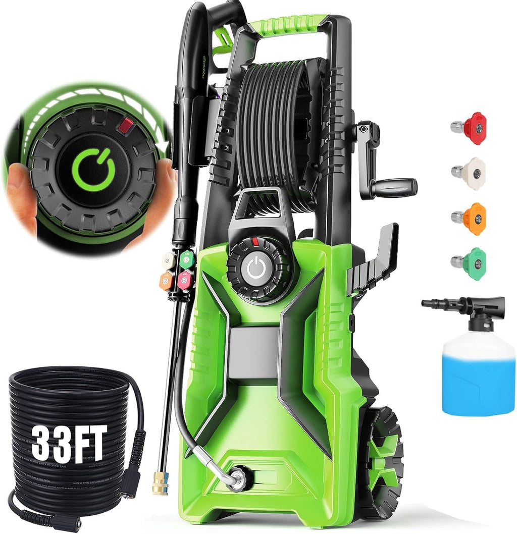 Pressure Washer 5000 PSI Adjustable Pressure, Power Wahser Powered with 33ft Pressure Hose, 4 Nozzles and 500ml Foam Cannon, Cleaner Machine for Home, Car, Green