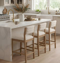 RIVOVA 26" Bar Stools Set of 3 Counter Height Bar Stools for Kitchen Counter, Modern Upholstered Barstools with Back and Wood Legs Linen Stools Farmhouse Island Chairs, Beige