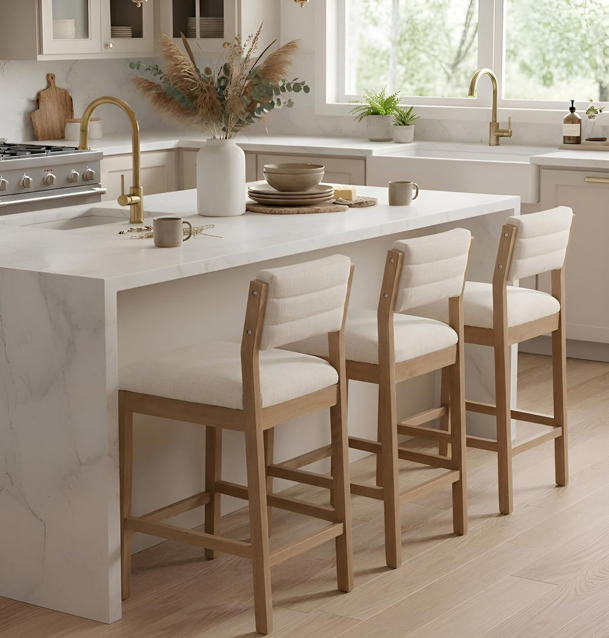 RIVOVA 26" Bar Stools Set of 3 Counter Height Bar Stools for Kitchen Counter, Modern Upholstered Barstools with Back and Wood Legs Linen Stools Farmhouse Island Chairs, Beige