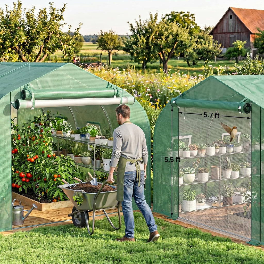 Outsunny 10' x 11' x 6' Walk-in Tunnel Greenhouse with Shelves, Plant Hot House with PE Cover, Mesh Door and Windows, Outdoor Green House for Patio Lawn Garden, Green