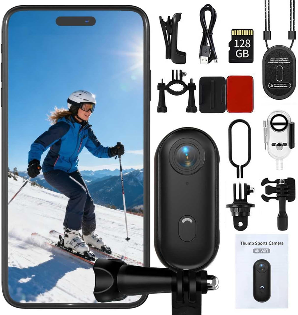 Thumb Action Camera | Mini POV Sports Camera, Waterproof Action Camera the Size of a Thumb for Running, Cycling, Hiking, Swimming, Outdoor Adventures, Vlogging (Black, 128, GB)